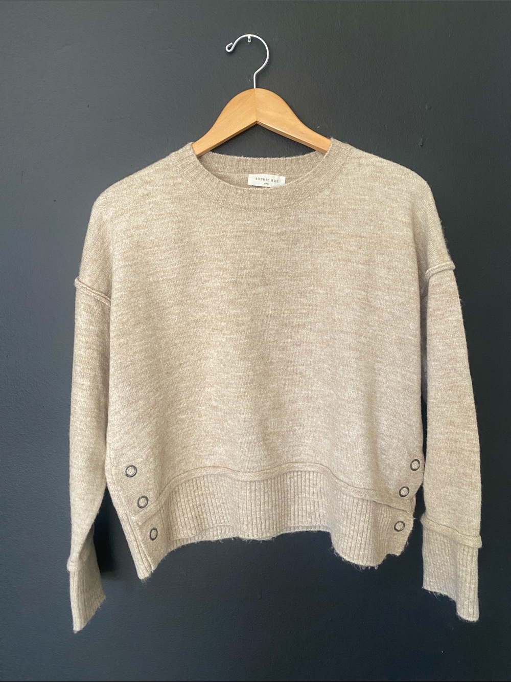 Sophie Rue Edan Crop Boxy Crewneck Button side Pullover Sweater in Beige